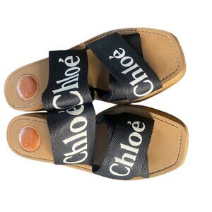 Chloé Woody Platform Espadrille Slide Sandals Logo Canvas EU 8